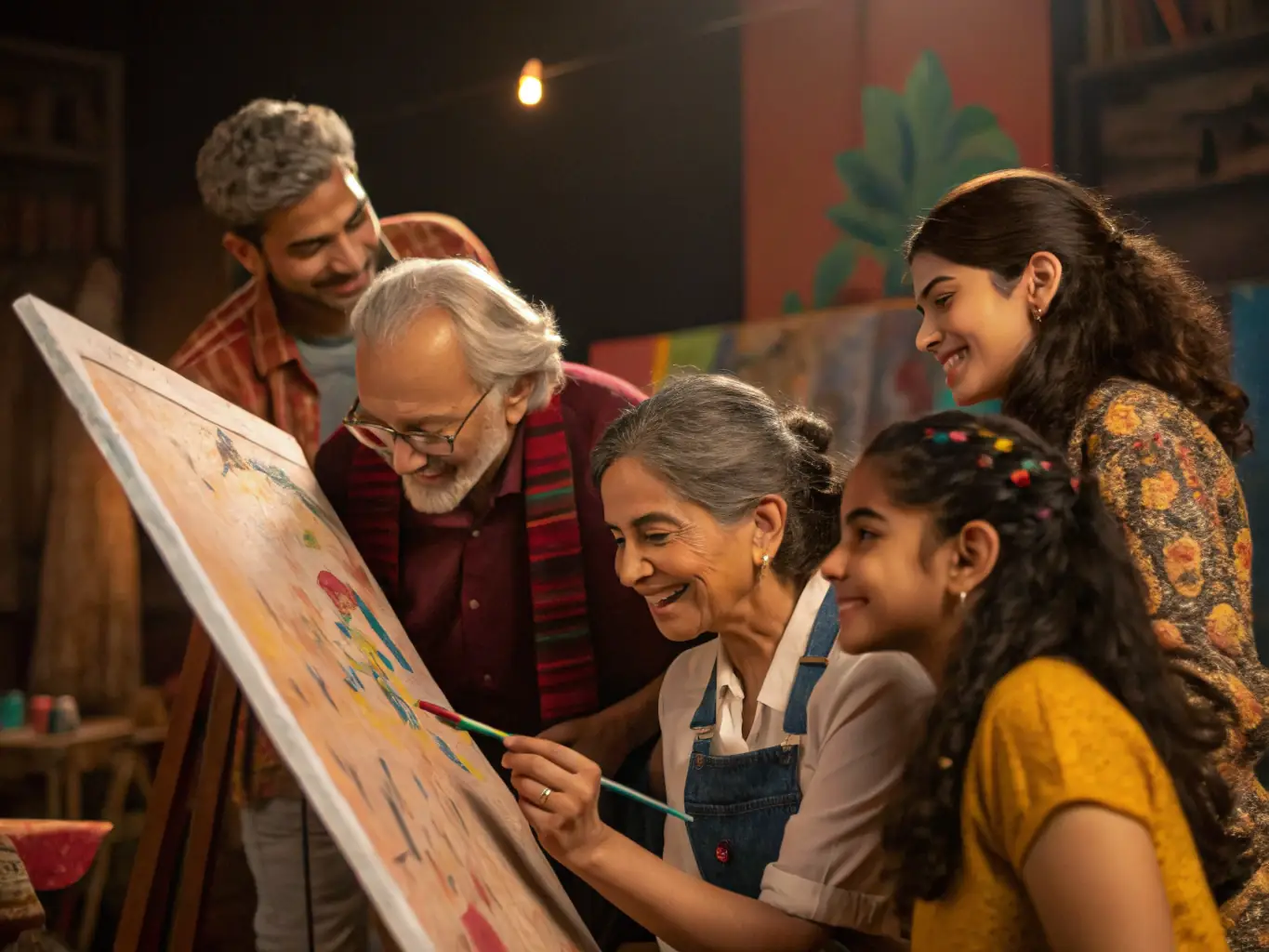 A vibrant image of individuals participating in a community art class, supported by staff. The setting is inclusive and promotes creativity and social interaction.