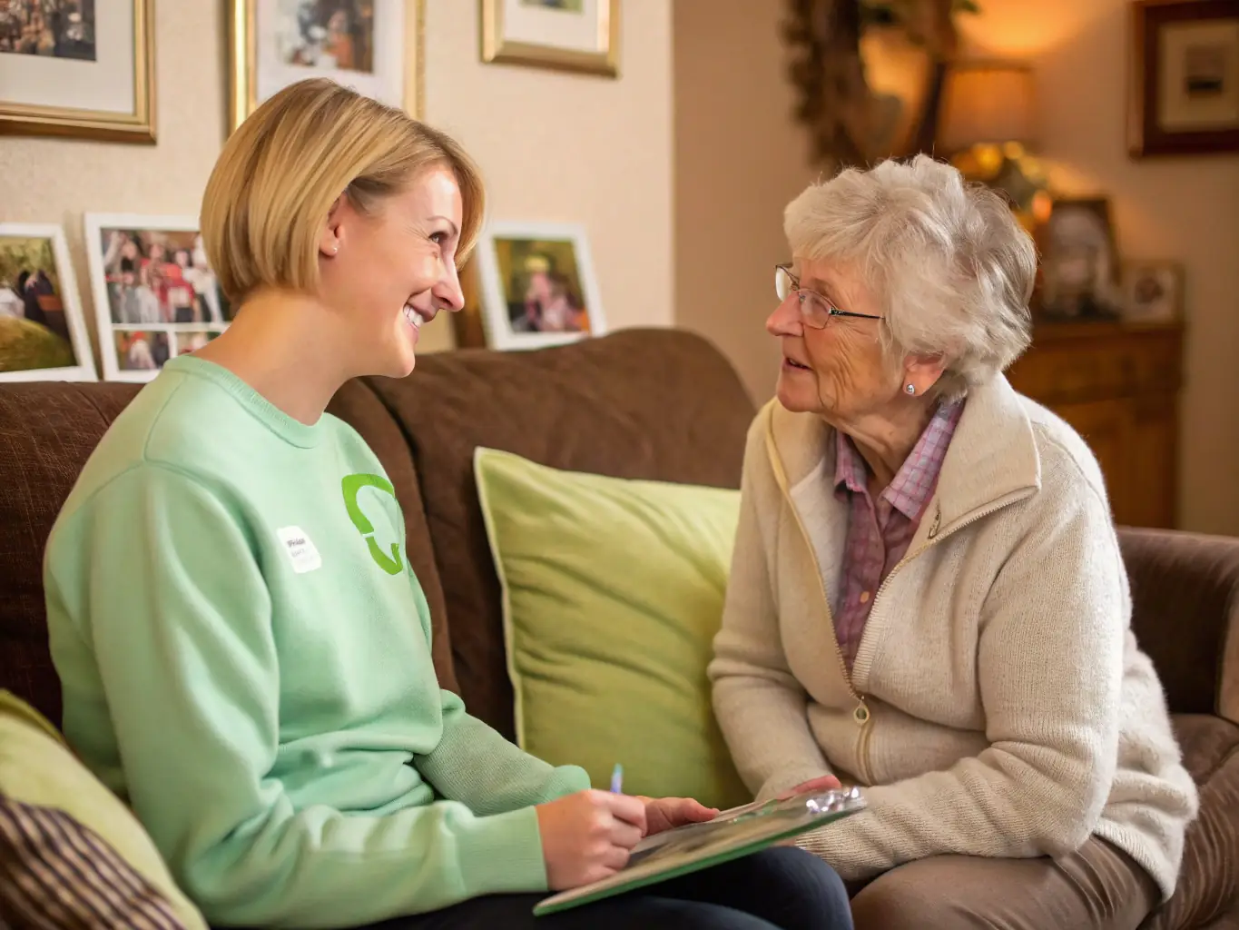 An image showing a support worker discussing a personalized care plan with a client in a sunlit, comfortable living room. The atmosphere is warm and supportive, emphasizing the individualized approach to care.