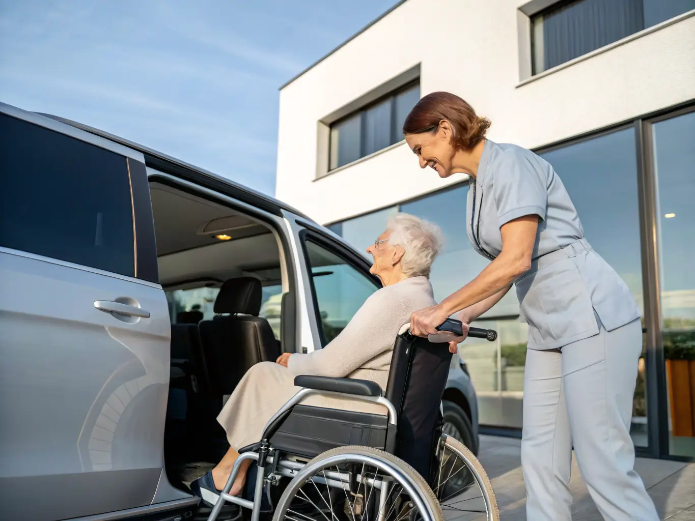 A photograph capturing a caring support worker engaging with a client during a respite session in a welcoming environment. The scene conveys a sense of safety and nurturing.
