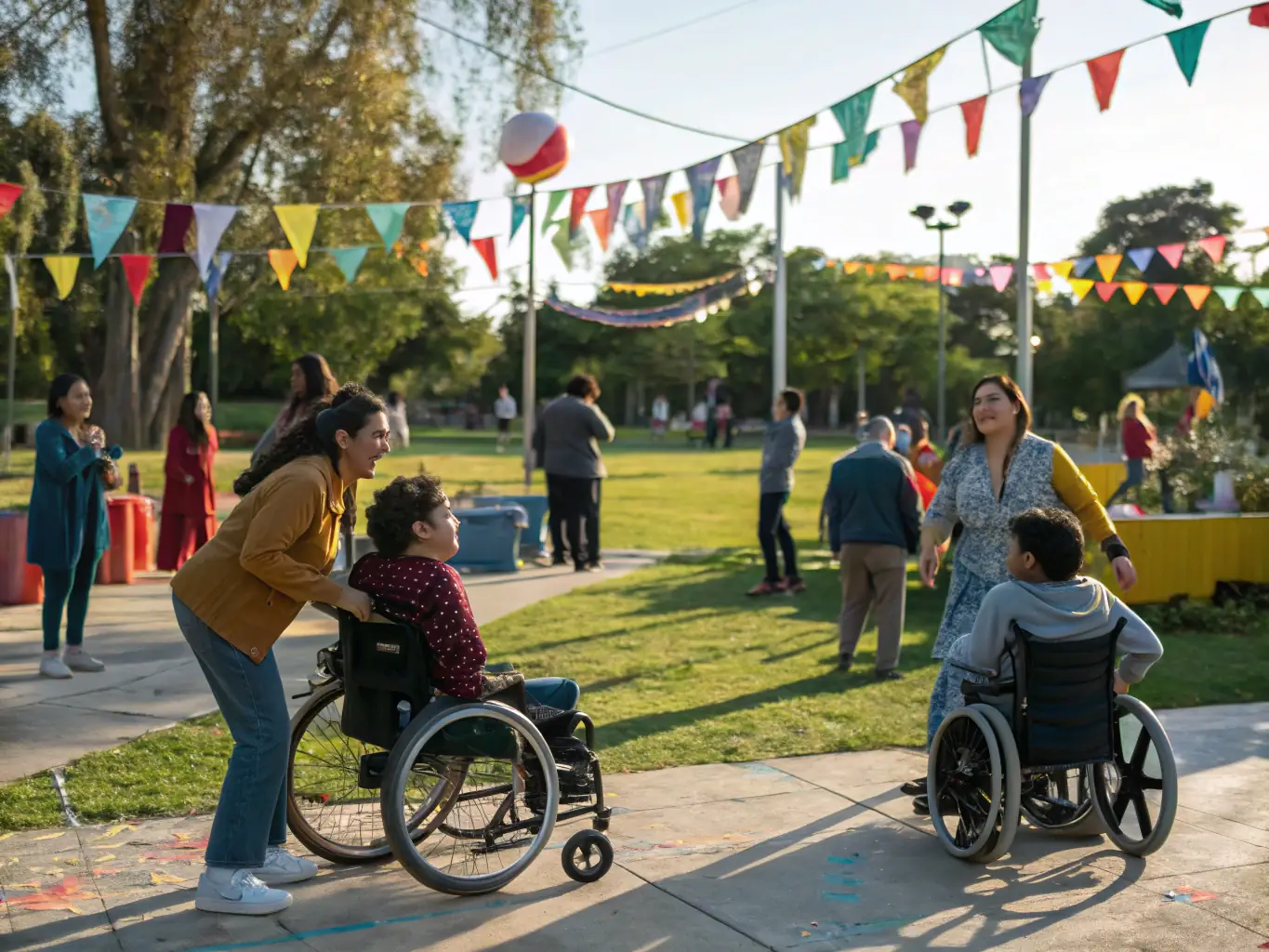 A serene image showing a group of adults with disabilities participating in a recreational activity in a community park, highlighting community integration and social inclusion.