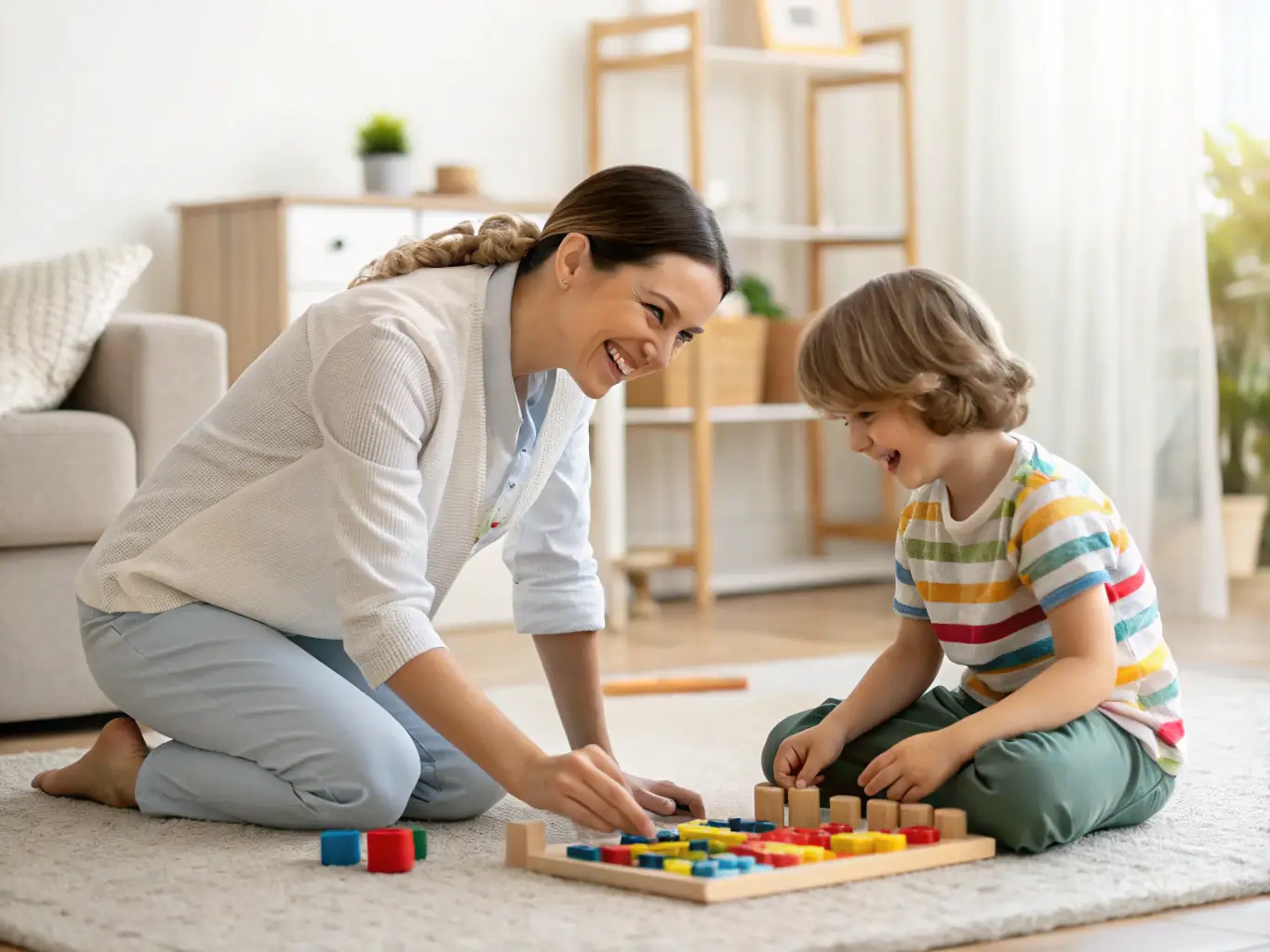 A warm and inviting image depicting a caregiver assisting an adult with autism in a comfortable home setting, emphasizing personalized care and support.